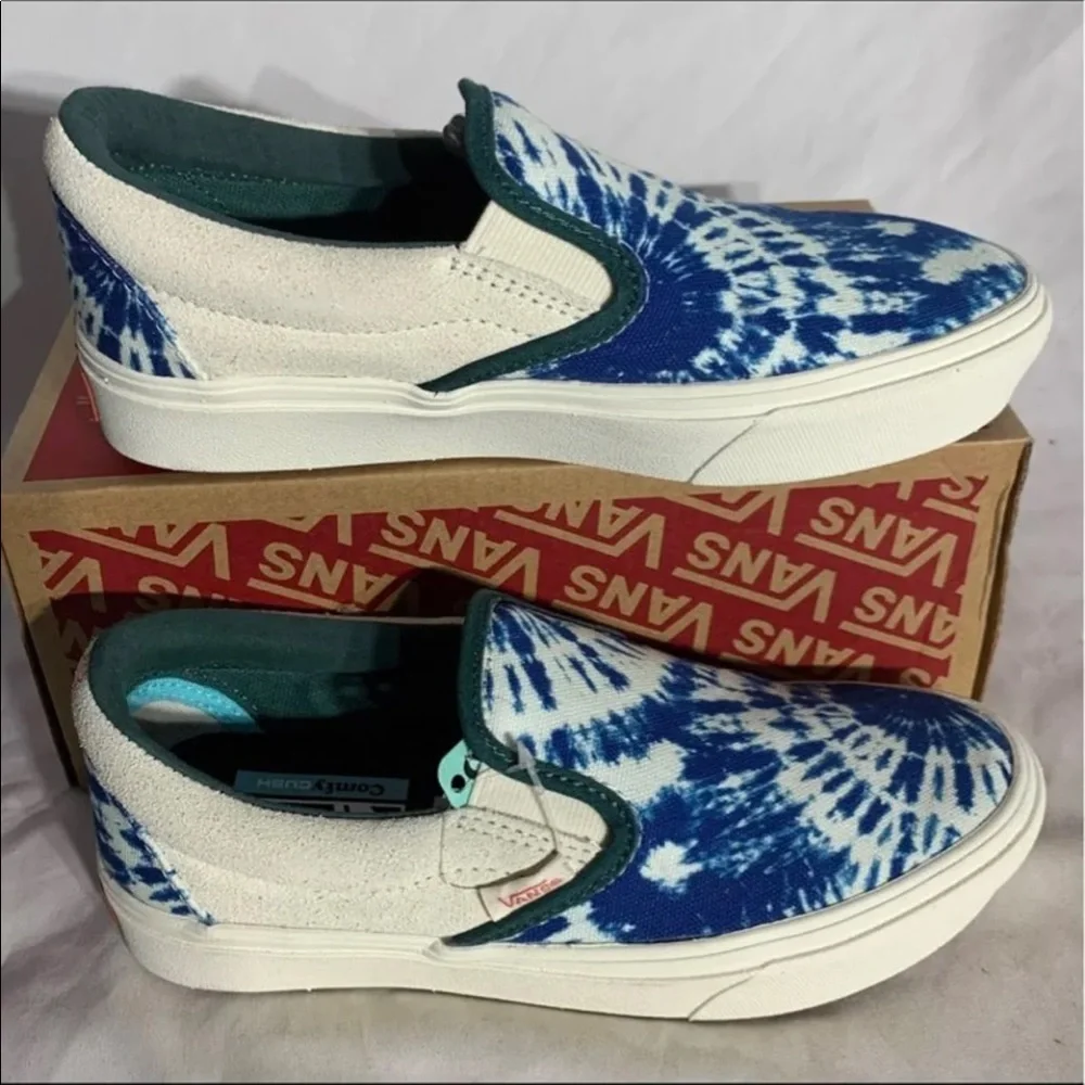 Vans Slip-On Sneakers in Blue Tie-Dye and White with Green Trim